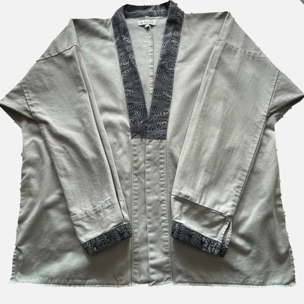 KIRIKO Modern Noragi Gray Blue Japanese Fashion Hemp Cotton Jacket Sz S Natural